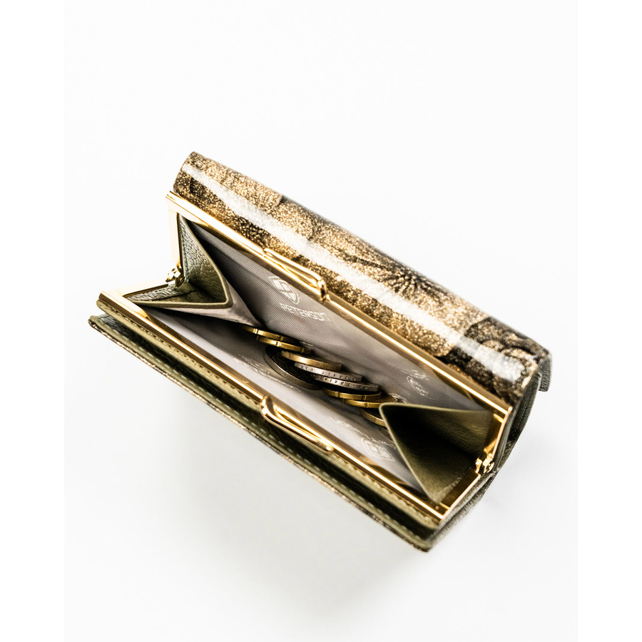 Średniej wielkości złoty portfel damski z motywem kwiatowym portmonetka na zatrzask i bigiel skóra naturalna i eko RFID STOP Peterson