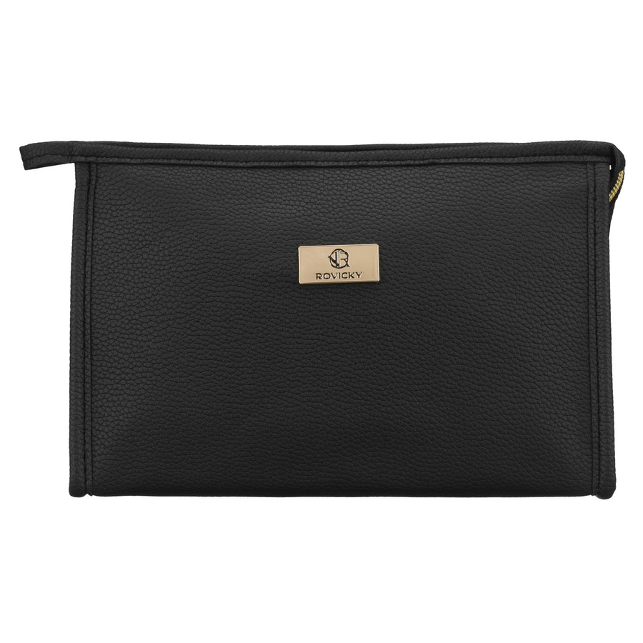 Czarna, praktyczna kosmetyczka ze skóry ekologicznej zamykana suwakiem - Rovicky