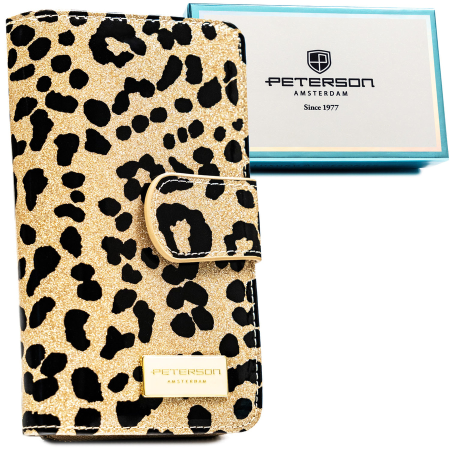 Zlatá vertikálna dámska peňaženka z prírodnej a ekologickej kože so zvieracím vzorom a RFID ochranou