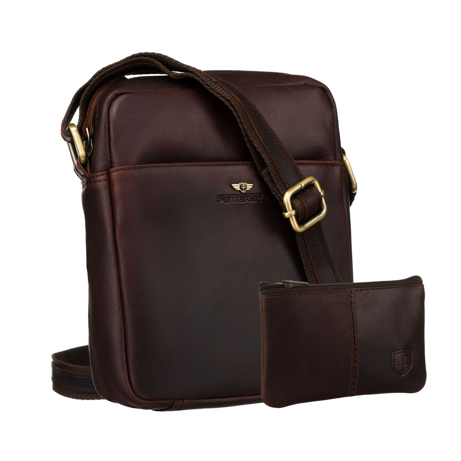 Hnedá pánska kožená taška na rameno Peterson + kožené puzdro na kľúče