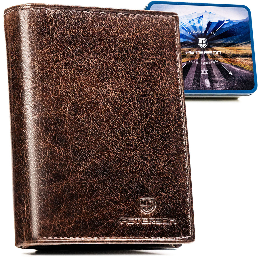 Elegancki, skórzany portfel męski w brązowym kolorze bez zapięcia zewnętrznego - Peterson