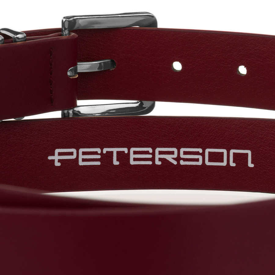 Pasek damski ze skóry ekologicznej w burgundowym kolorze ze srebrną klamrą - Peterson