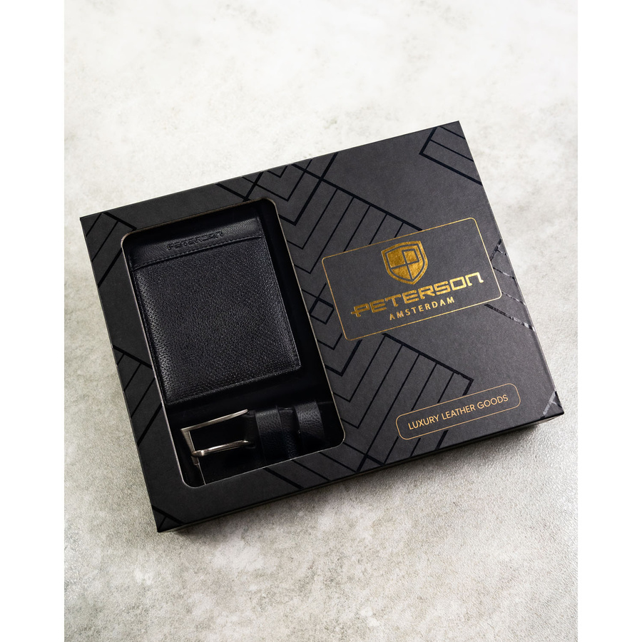 Zestaw prezentowy: skórzany portfel męski w czarnym kolorze bez zapięcia i czarny pasek ze skóry ekologicznej - Peterson