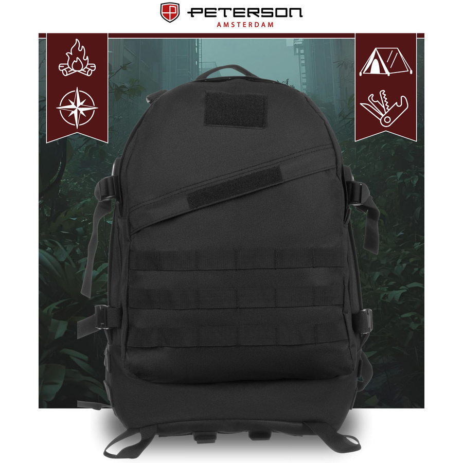 Czarny plecak militarny zawieszony na regulowanych szelkach, trzykomorowy - Peterson