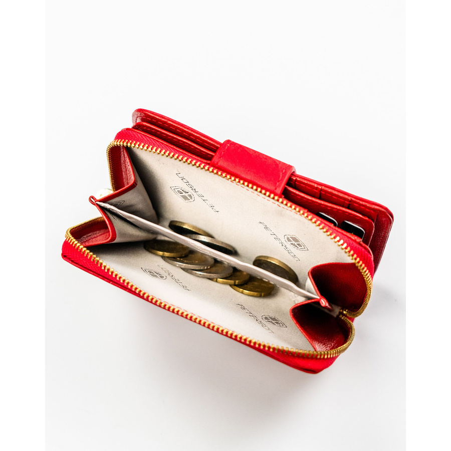 Czerwony portfel wykonany ze skóry naturalnej i ekologicznej zamykany na suwak i zatrzask - Peterson