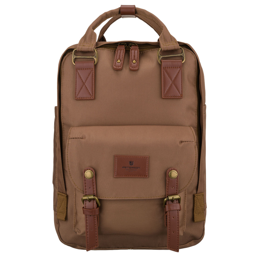 Plecak damski z poliestru i skóry ekologicznej w brązowym kolorze, jednokomorowy - Peterson