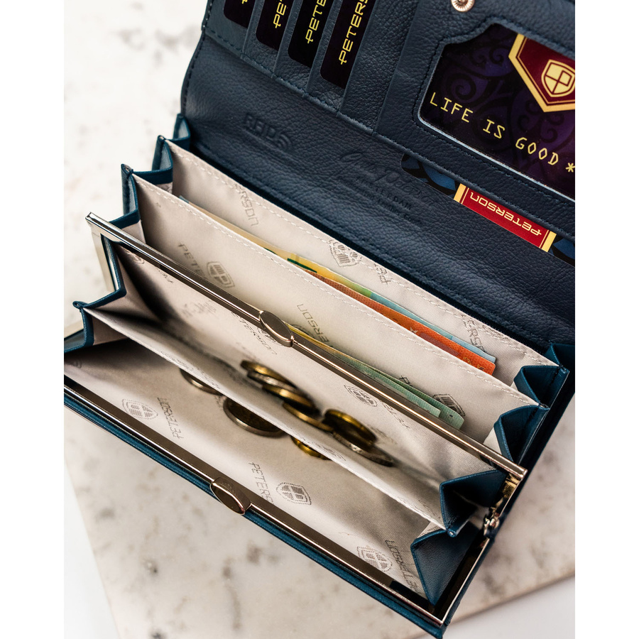 Duży, poziomy portfel damski ze skóry naturalnej i ekologicznej w granatowym kolorze - Peterson