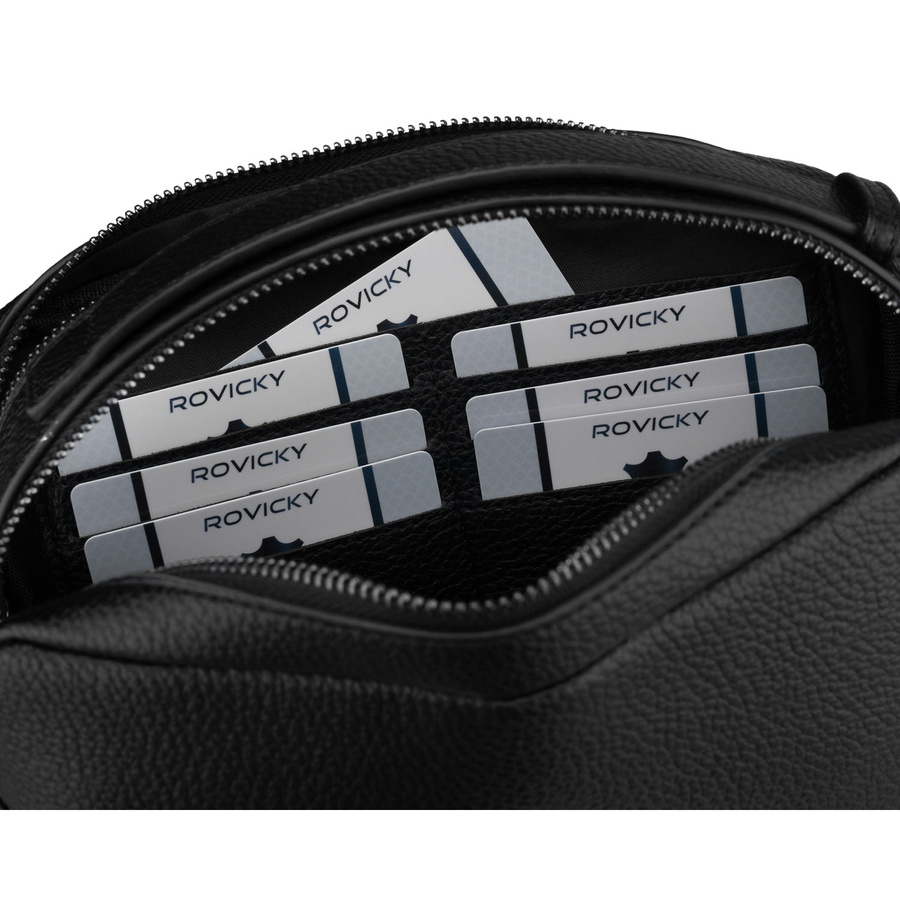 Elegancka saszetka męska ze skóry ekologicznej w czarnym kolorze zamykana suwakiem - Rovicky