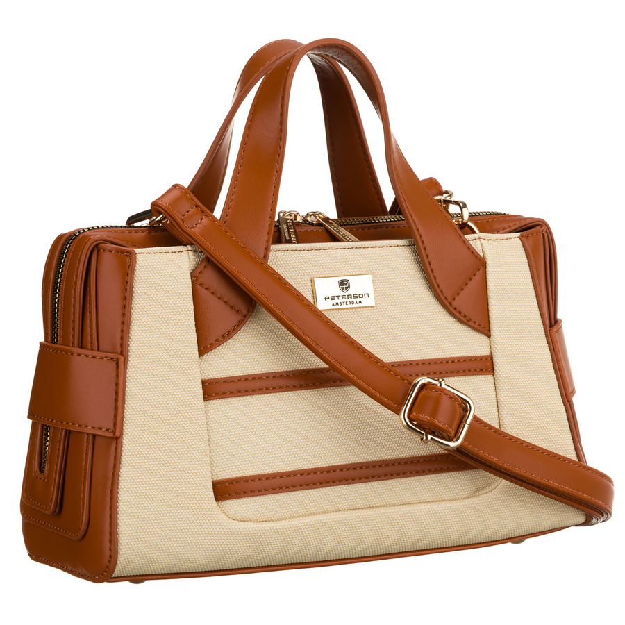 Dámska elegantná kabelka Peterson ecru–hnedá so zlatými detailmi a nastaviteľným popruhom