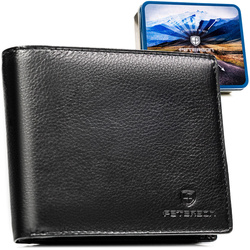 Poziomy, duży portfel męski ze skóry naturalnej w czarnym kolorze w zestawie z brelokiem - Peterson