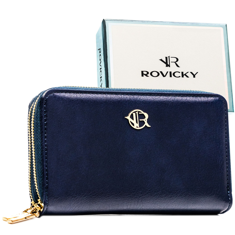 Granatowy portfel-piórnik damski ze skóry ekologicznej zamykany suwakiem - Rovicky