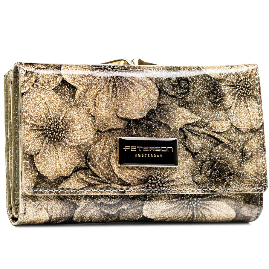 Średniej wielkości złoty portfel damski z motywem kwiatowym portmonetka na zatrzask i bigiel skóra naturalna i eko RFID STOP Peterson