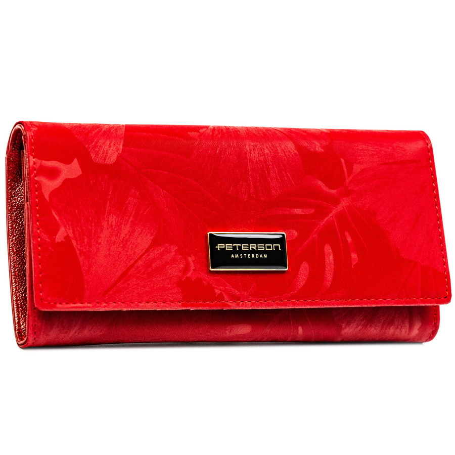 Duży, czerwony portfel damski ze skóry naturalnej i ekologicznej zamykany zatrzaskiem - Peterson