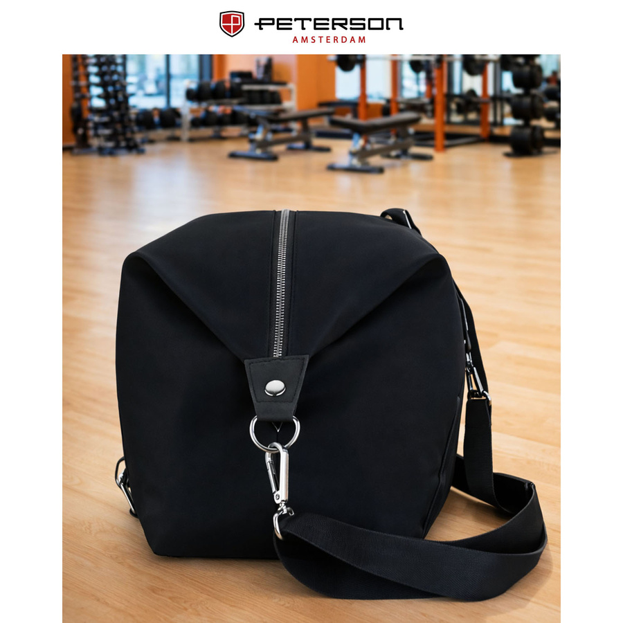 Damska torba treningowa z poliestru w czarnym kolorze zamykana suwakiem - Peterson
