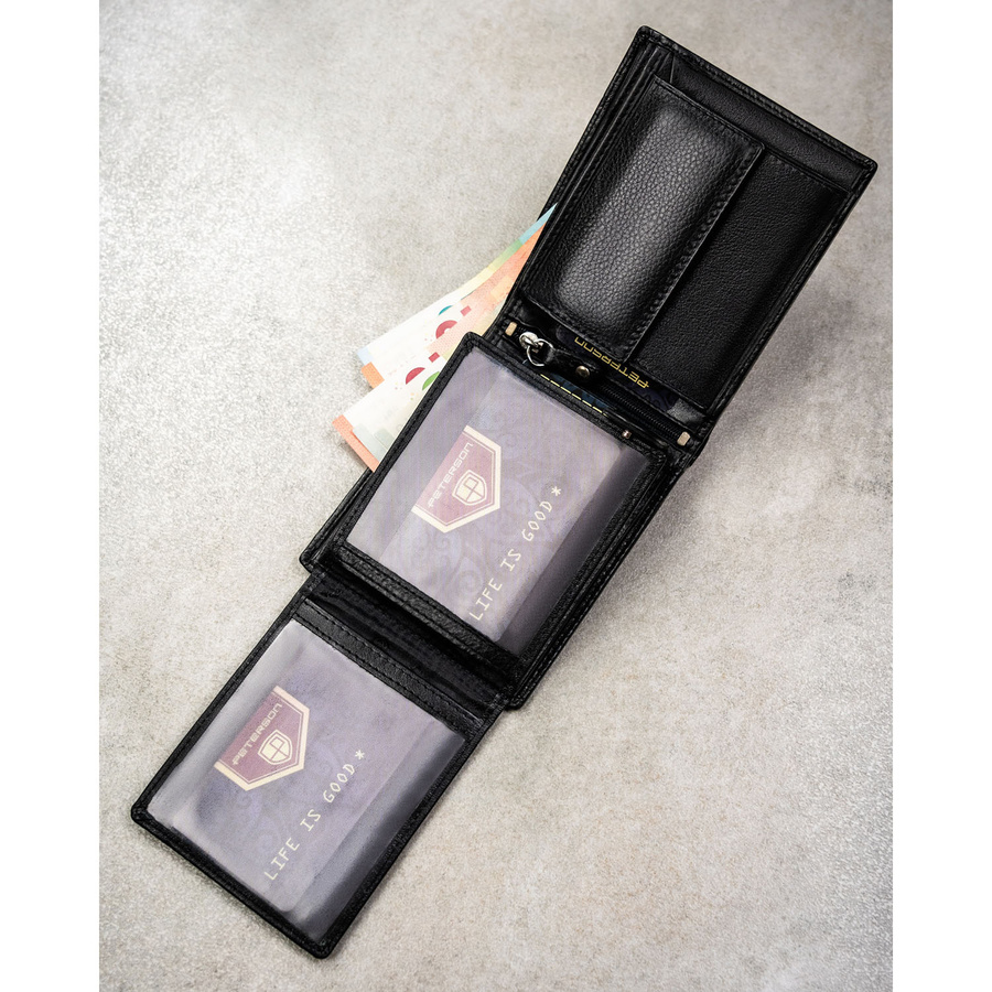 Poziomy, duży portfel męski ze skóry naturalnej w czarnym kolorze w zestawie z brelokiem - Peterson