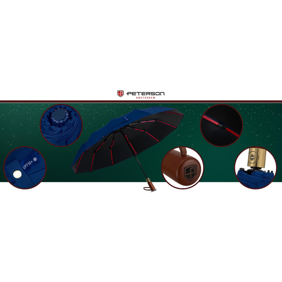 Niebieski, duży, elegancki i składany parasol w pokrowcu - Peterson