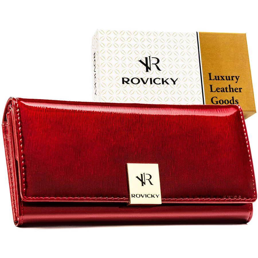 Duży portfel damski z lakierowanej skóry naturalnej w czerwonym kolorze zamykany na zatrzask - Rovicky