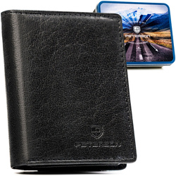 Pionowy portfel męski ze skóry naturalnej w czarnym kolorze, model bez zapięcia zewnętrznego - Peterson