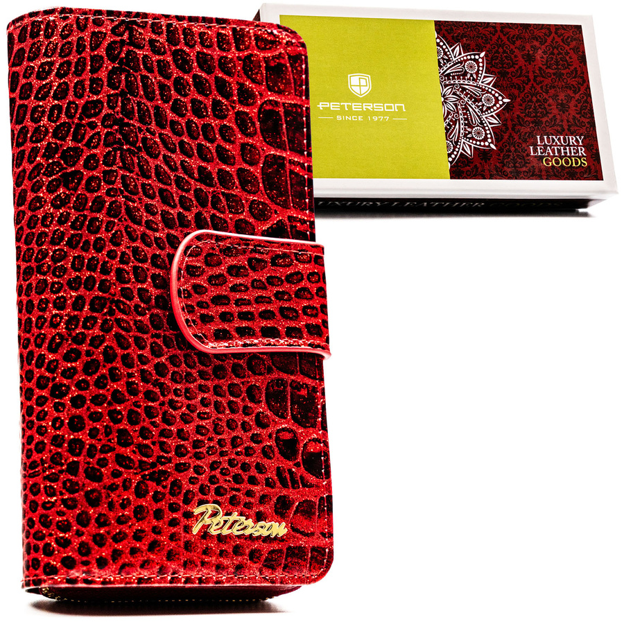 Czerwony portfel damski ze skóry naturalnej zamykany na suwak i zatrzask, wyposażony w system RFID - Peterson