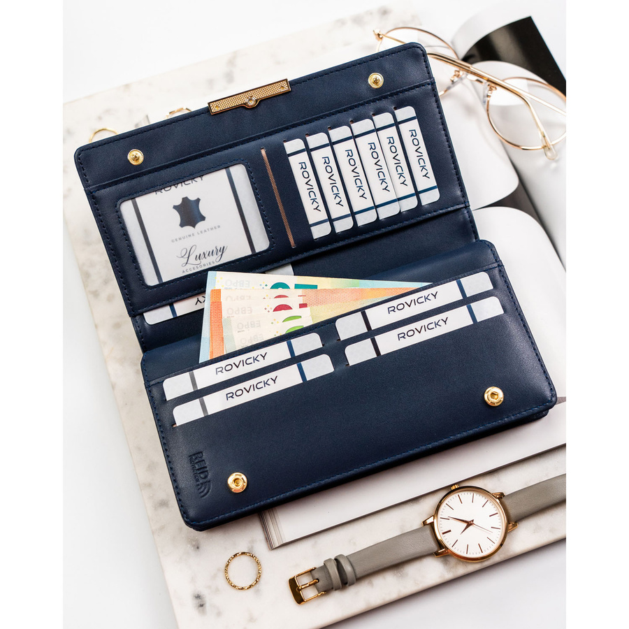 Granatowy portfel damski ze skóry ekologicznej wyposażony w system RFID - Rovicky