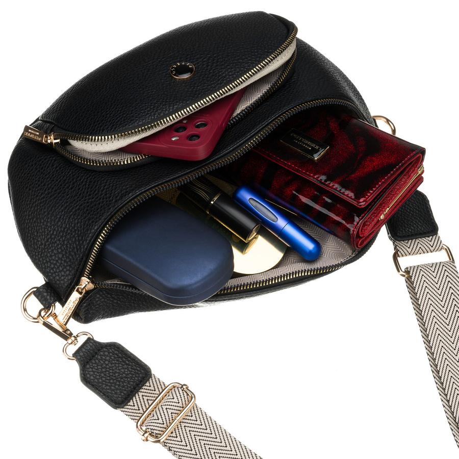 Miejska, czarna nerka damska ze skóry ekologicznej zawieszona na regulowanym pasku - Peterson