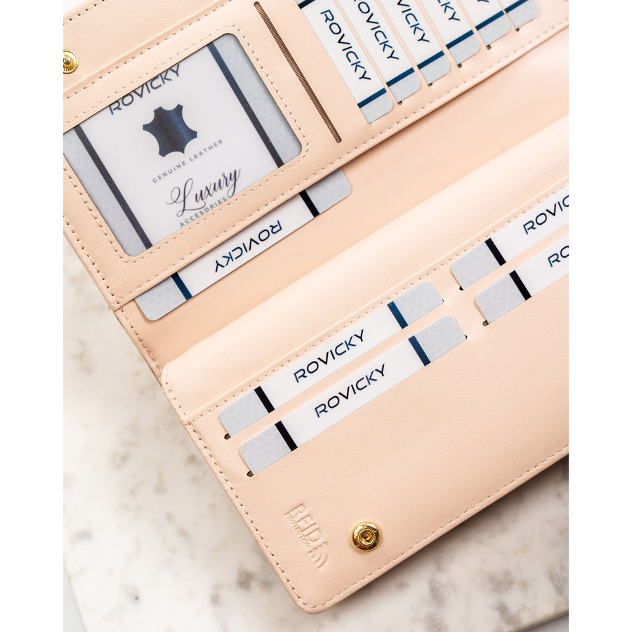 Duży, beżowy portfel damski ze skóry ekologicznej wyposażony w system RFID - Rovicky