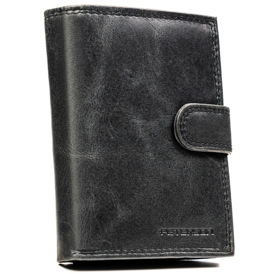 Pionowy portfel męski ze skóry naturalnej w czarnym kolorze zamykany na zatrzask - Peterson