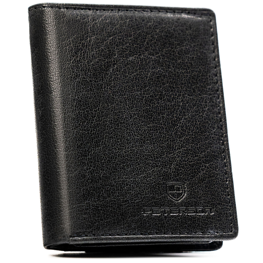 Pionowy portfel męski ze skóry naturalnej w czarnym kolorze, model bez zapięcia zewnętrznego - Peterson