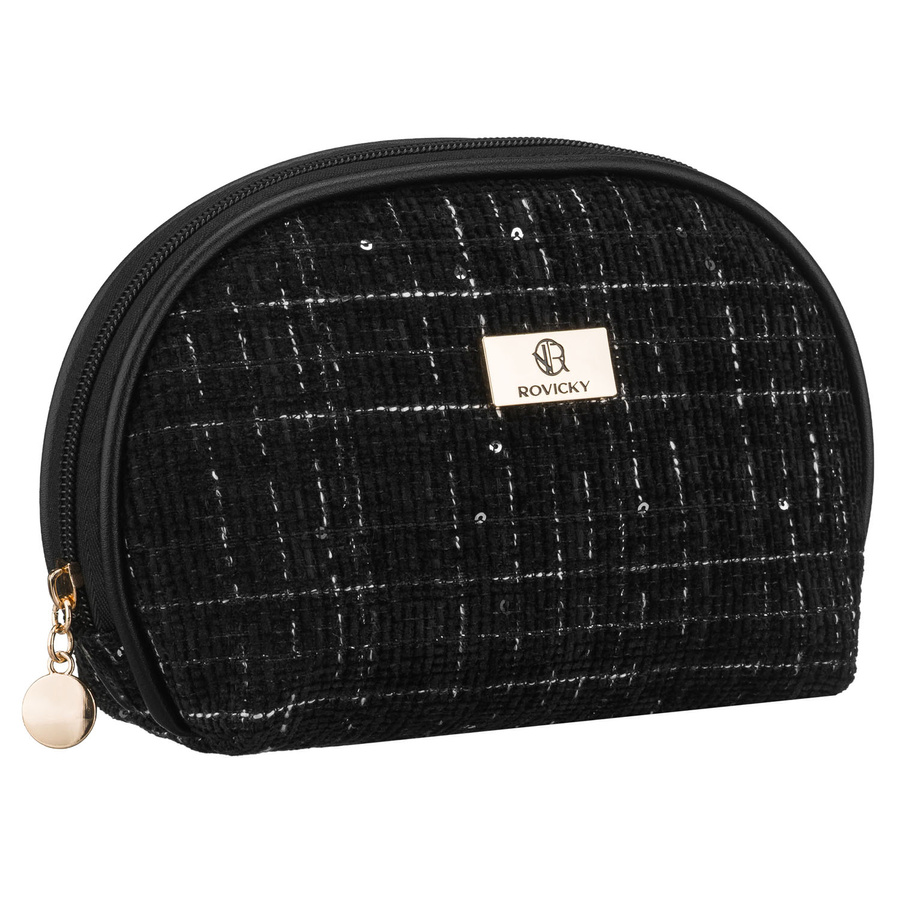 Čierna dámska kozmetická taštička so vzorom kocky zo syntetického materiálu – jednokomorová, na zips