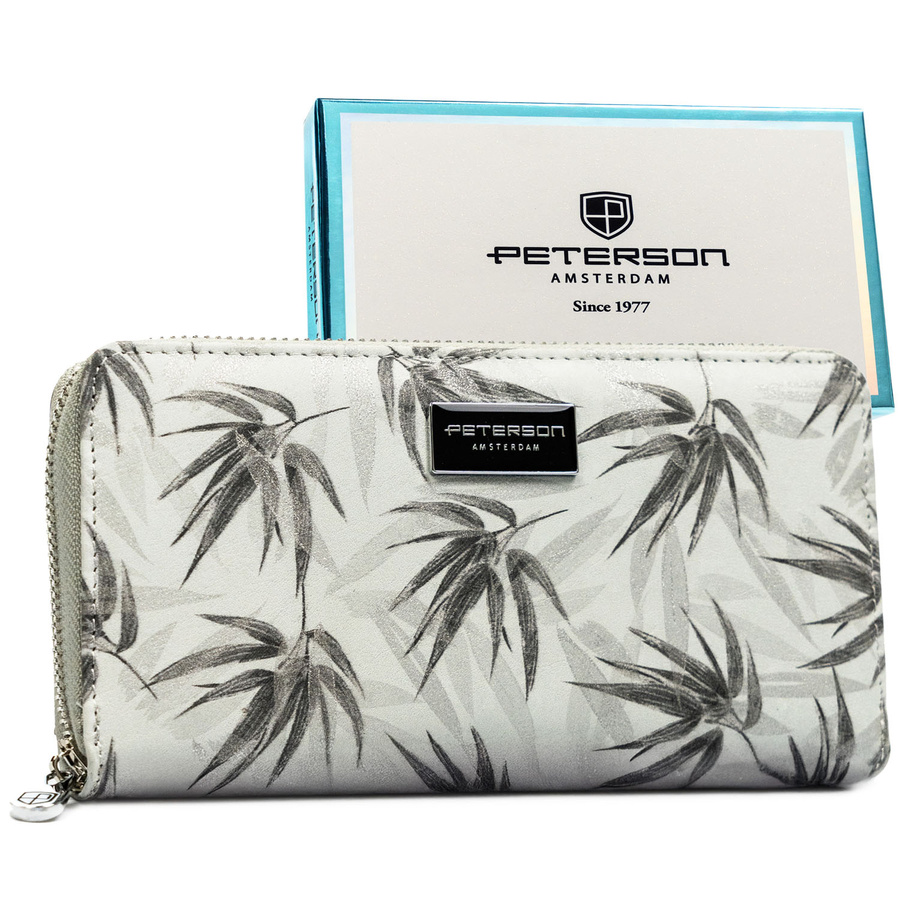 Dámska sivá peňaženka typu peračník s rastlinným vzorom z kože s RFID ochranou - Peterson