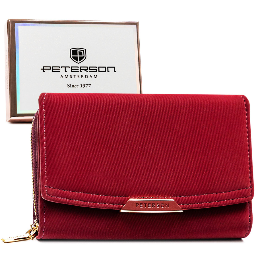 Poziomy portfel damski ze skóry ekologicznej w bordowym kolorze, zamykany suwakiem i zatrzaskiem - Peterson