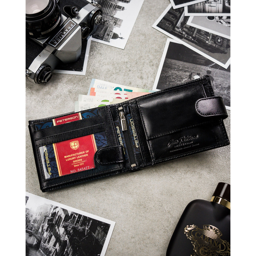 Zestaw prezentowy: skórzany portfel męski w czarnym kolorze z systemem RFID i pasek ze skóry ekologicznej - Peterson