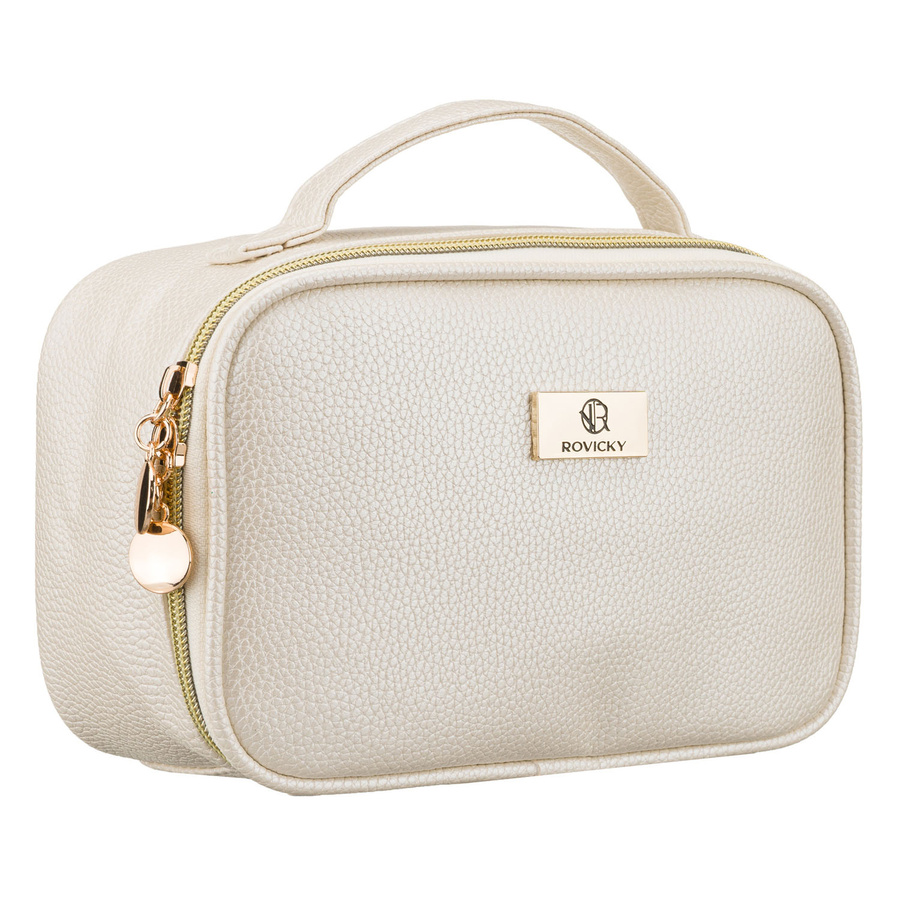 Praktická kozmetická taštička z ekologickej kože v svetlobéžovej farbe – s priehradkami a držiakom na štetce