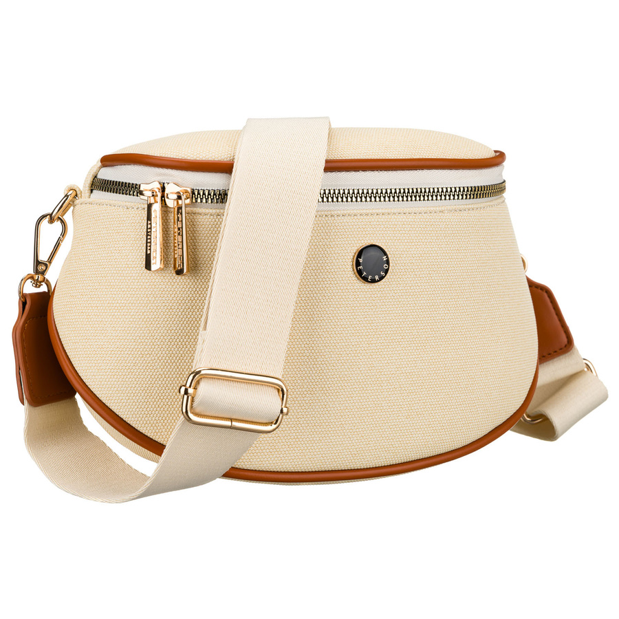 Saszetka damska w kolorze ecru z brązowymi elementami, zamykana suwakiem - Peterson