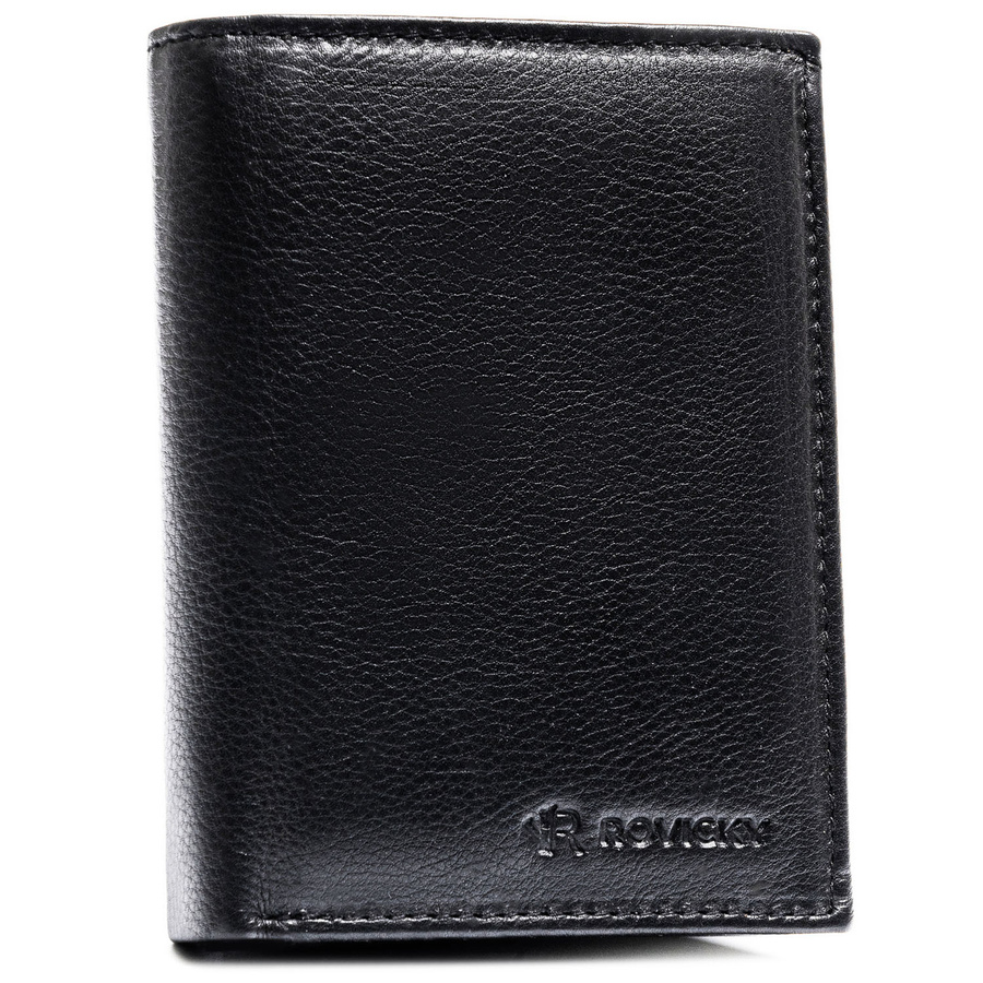 Duży, pionowy portfel męski ze skóry naturalnej w czarnym kolorze, mieszczący dowód rejestracyjny - Rovicky