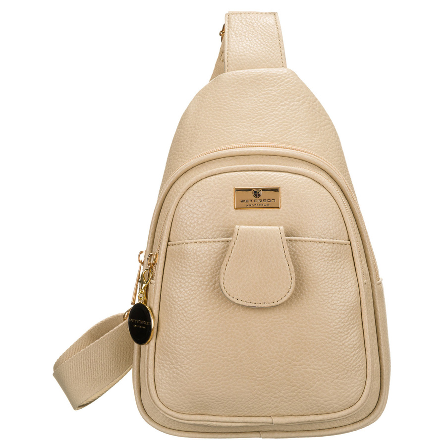 Módna a funkčná béžová dámska kapsička crossbody z eko kože