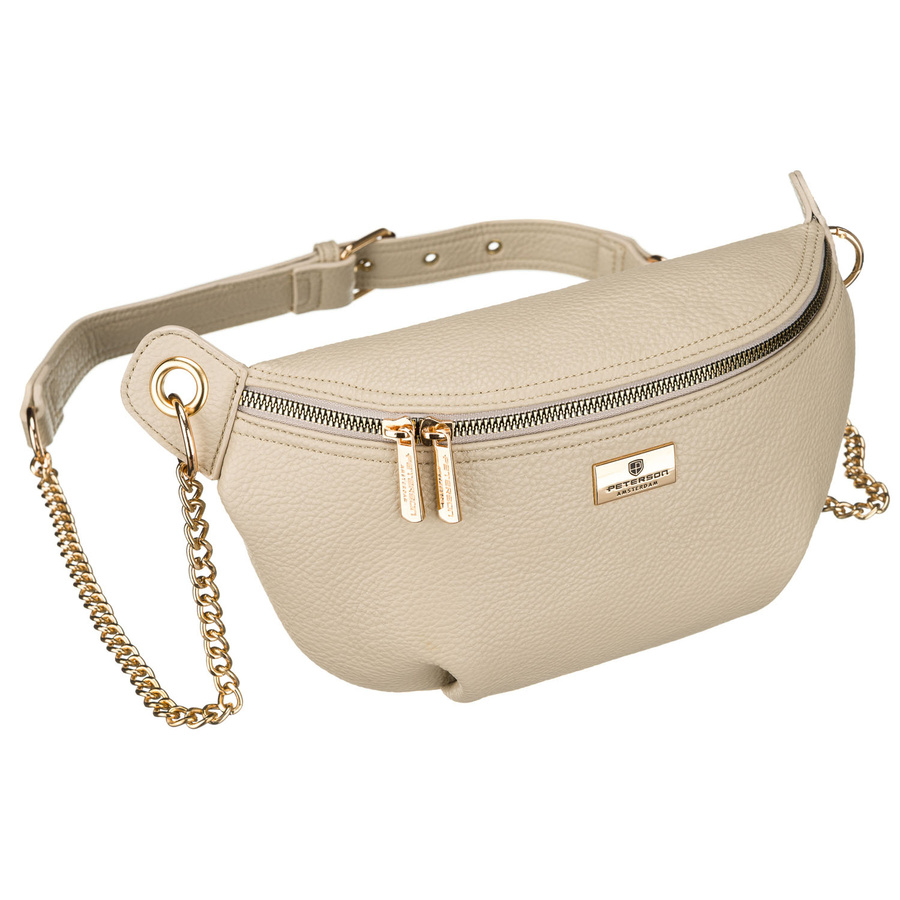 Beżowa saszetka damska ze skóry ekologicznej zamykana suwakiem, zawieszona na regulowanym pasku - Peterson