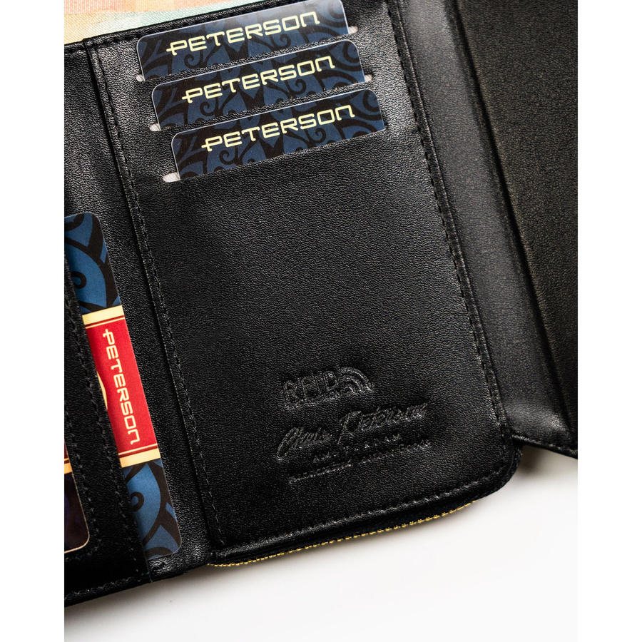 Czarny portfel damski ze skóry ekologicznej zamykany na zatrzask i suwak - Peterson