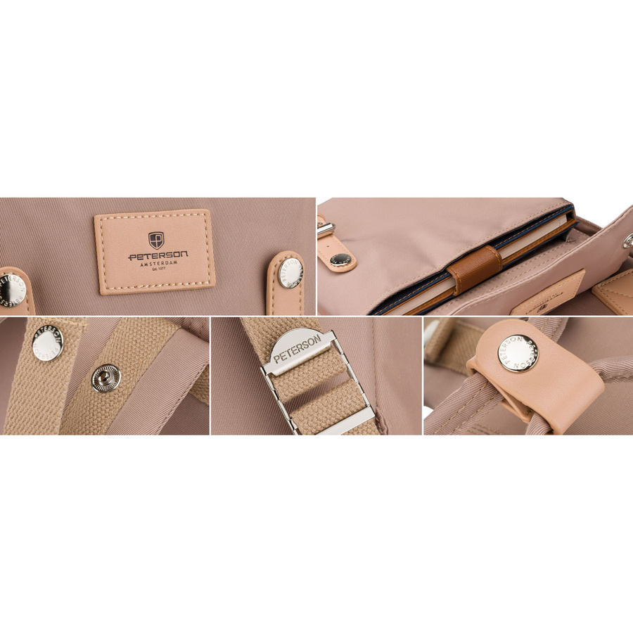 Beżowy, duży plecak damski wykonany z poliestru i skóry ekologicznej - Peterson