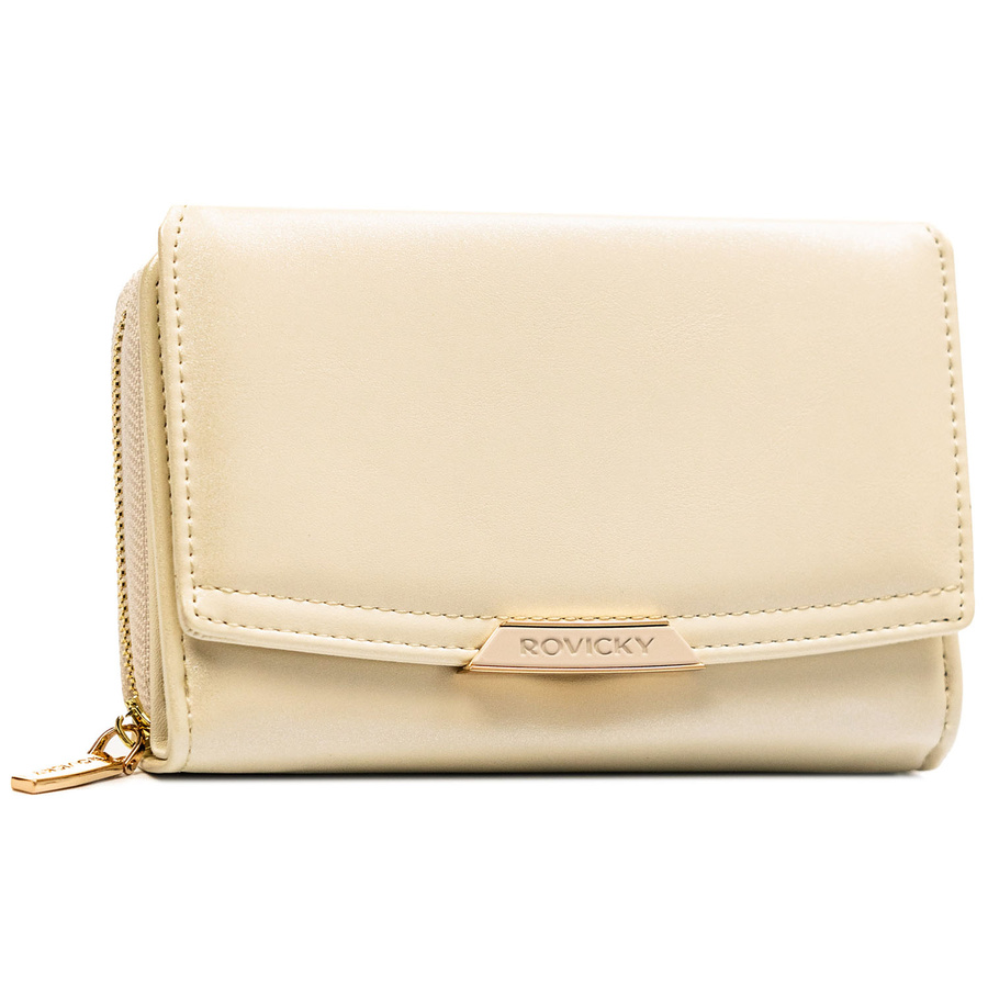Średni, beżowy portfel damski ze skóry ekologicznej, model mieszczący dowód rejestracyjny - Rovicky