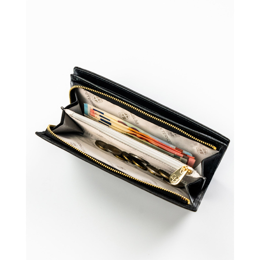 Duży, pionowy portfel damski w czarnym kolorze zamykany na magnes i suwak - Peterson