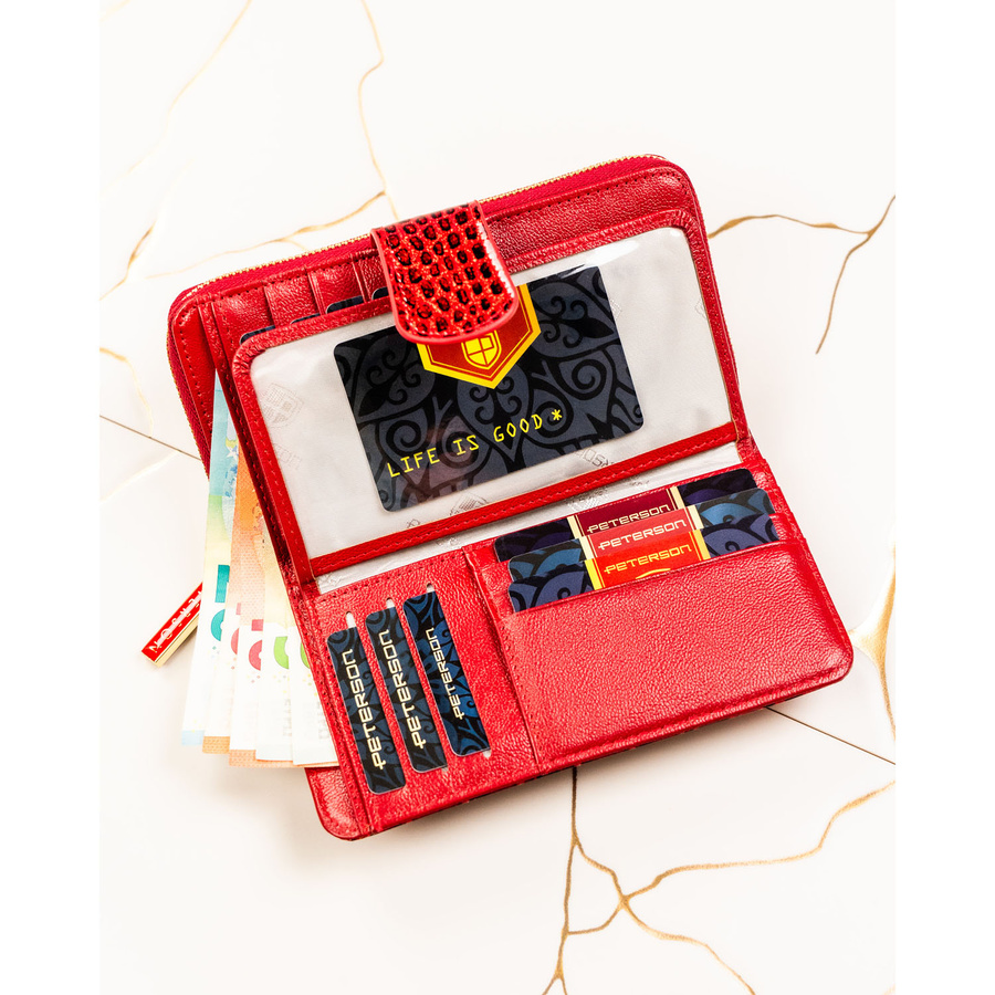 Czerwony portfel damski ze skóry naturalnej zamykany na suwak i zatrzask, wyposażony w system RFID - Peterson