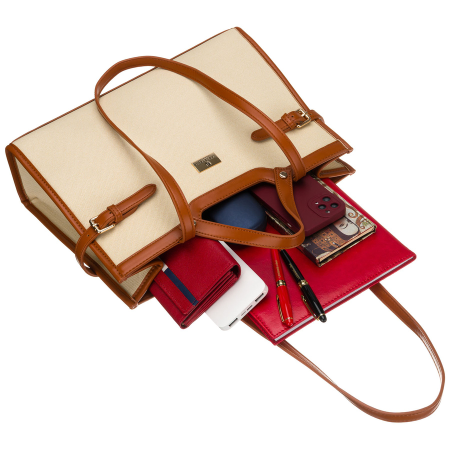 Klasyczna, duża torebka damska w kolorach brązowym i ecru - Peterson