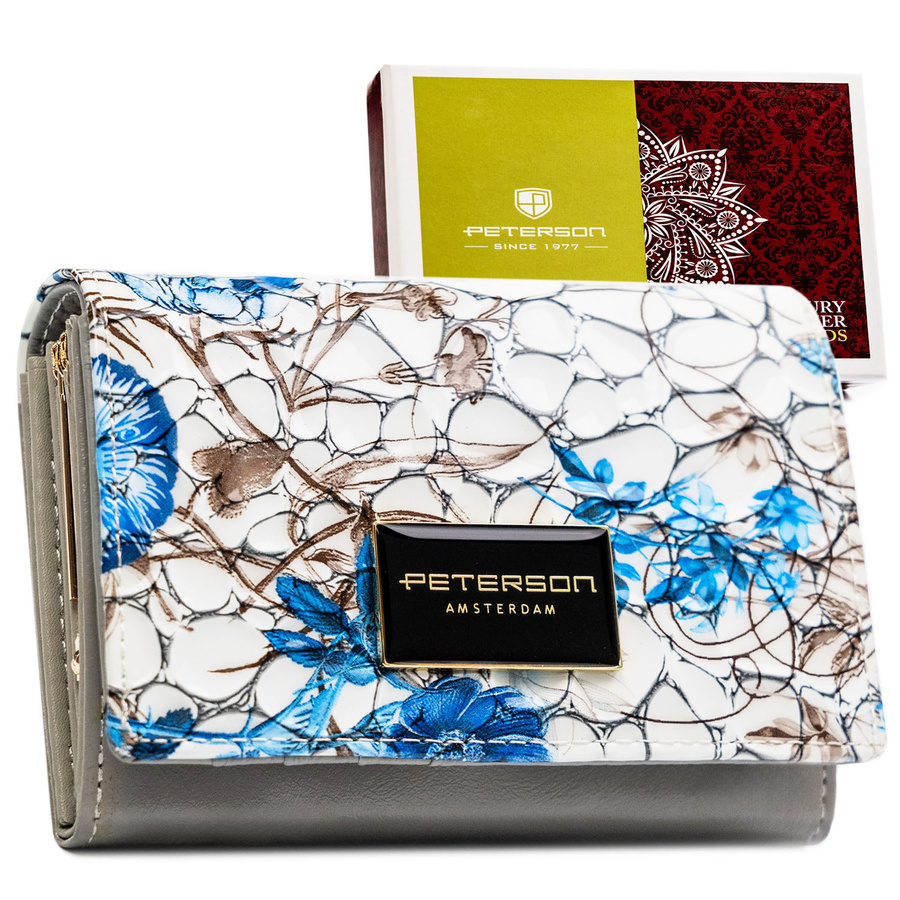Modrá dámska peňaženka z prírodnej kože s kvetinovým vzorom – Peterson