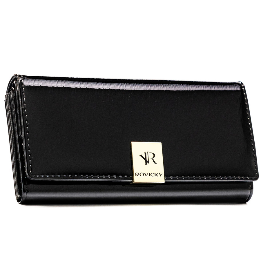 Duży portfel damski z lakierowanej skóry naturalnej w czarnym kolorze zamykany na zatrzask - Rovicky