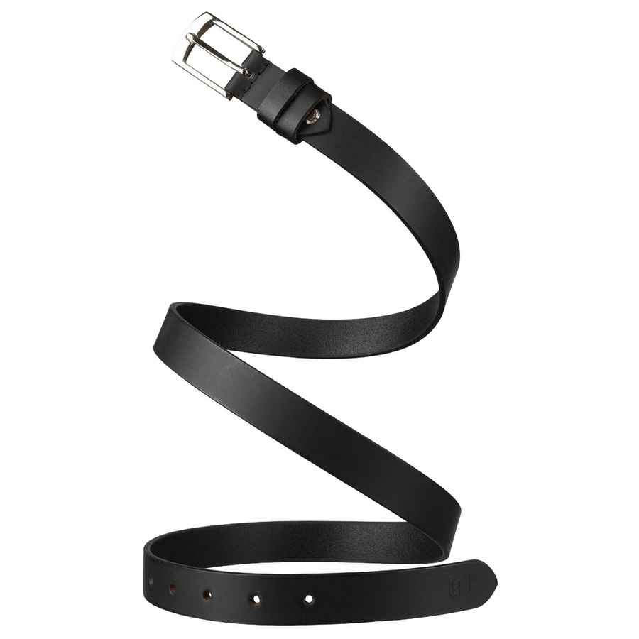 Skórzany, czarny pasek damski ze srebrną, klasyczną klamrą - Peterson