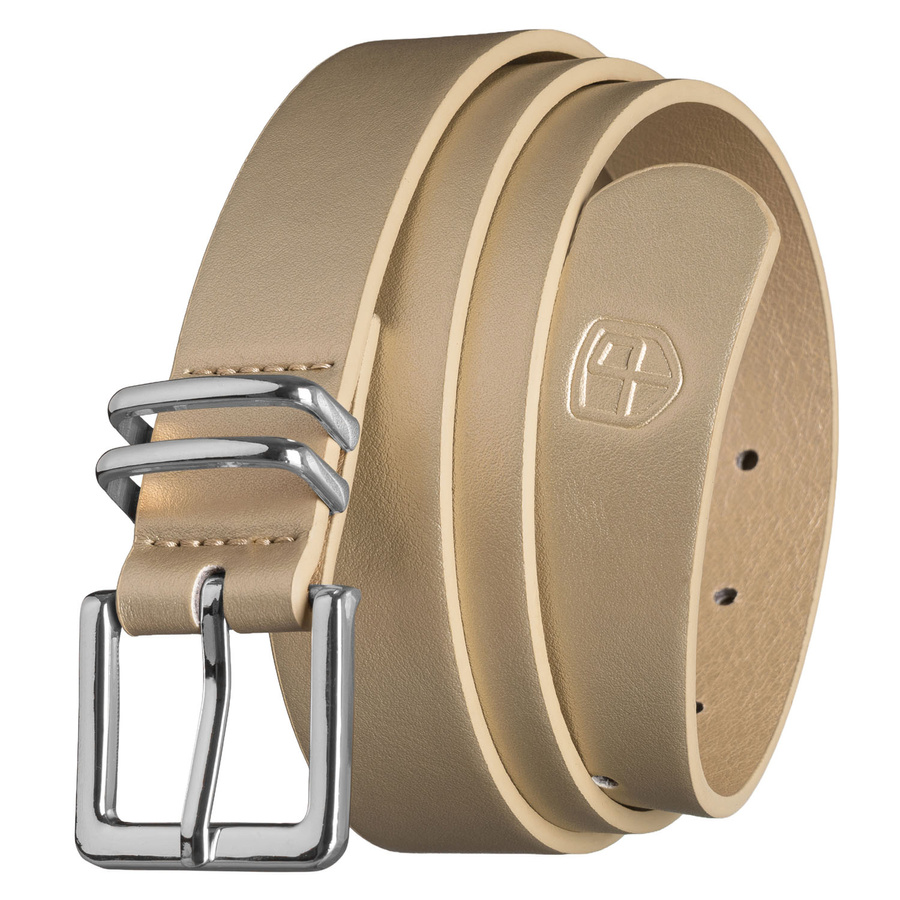 Béžový dámsky opasok z ekologickej kože so striebornou klasickou prackou