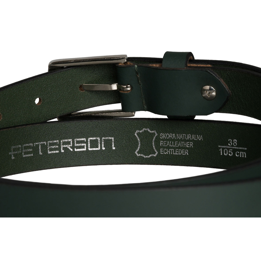 Skórzany, zielony pasek damski ze srebrną, klasyczną klamrą - Peterson