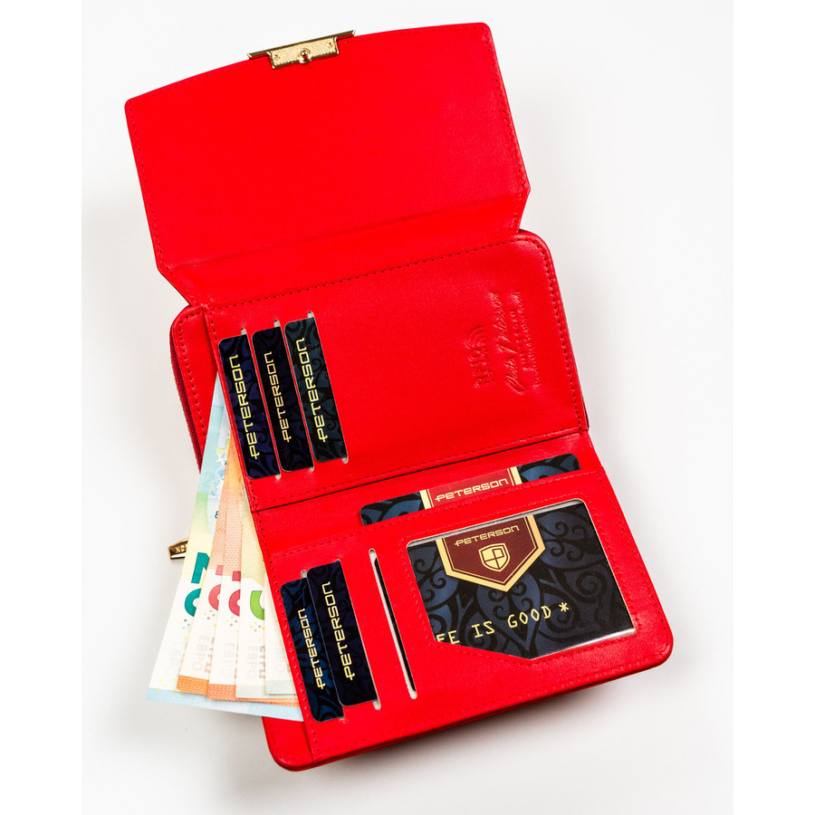 Czerwony portfel damski ze skóry ekologicznej zamykany na zatrzask i suwak - Peterson