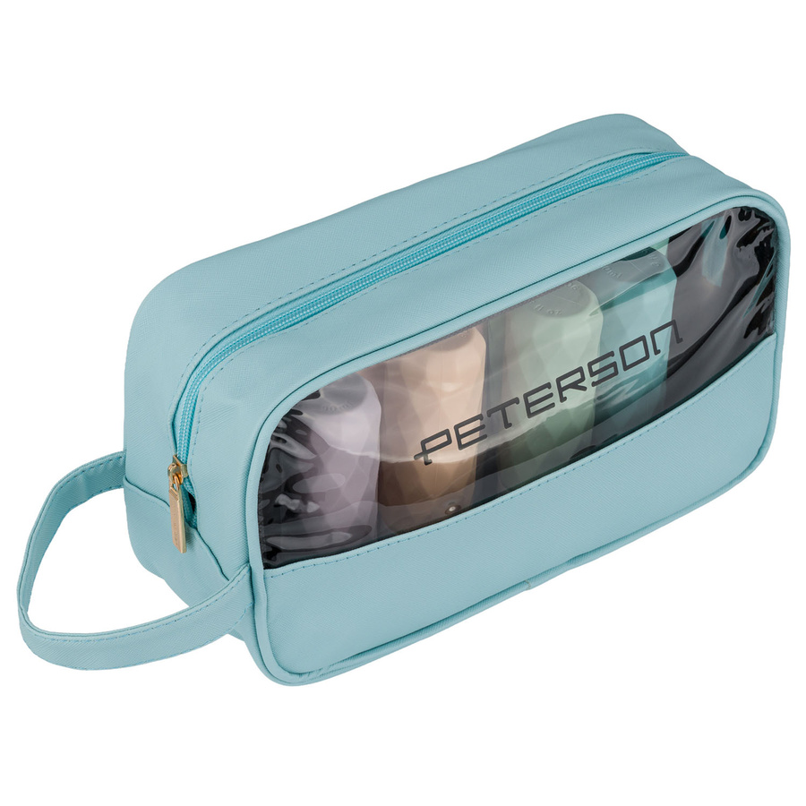Niebieska kosmetyczka z tkaniny syntetycznej wyposażona w przezroczysty panel - Peterson